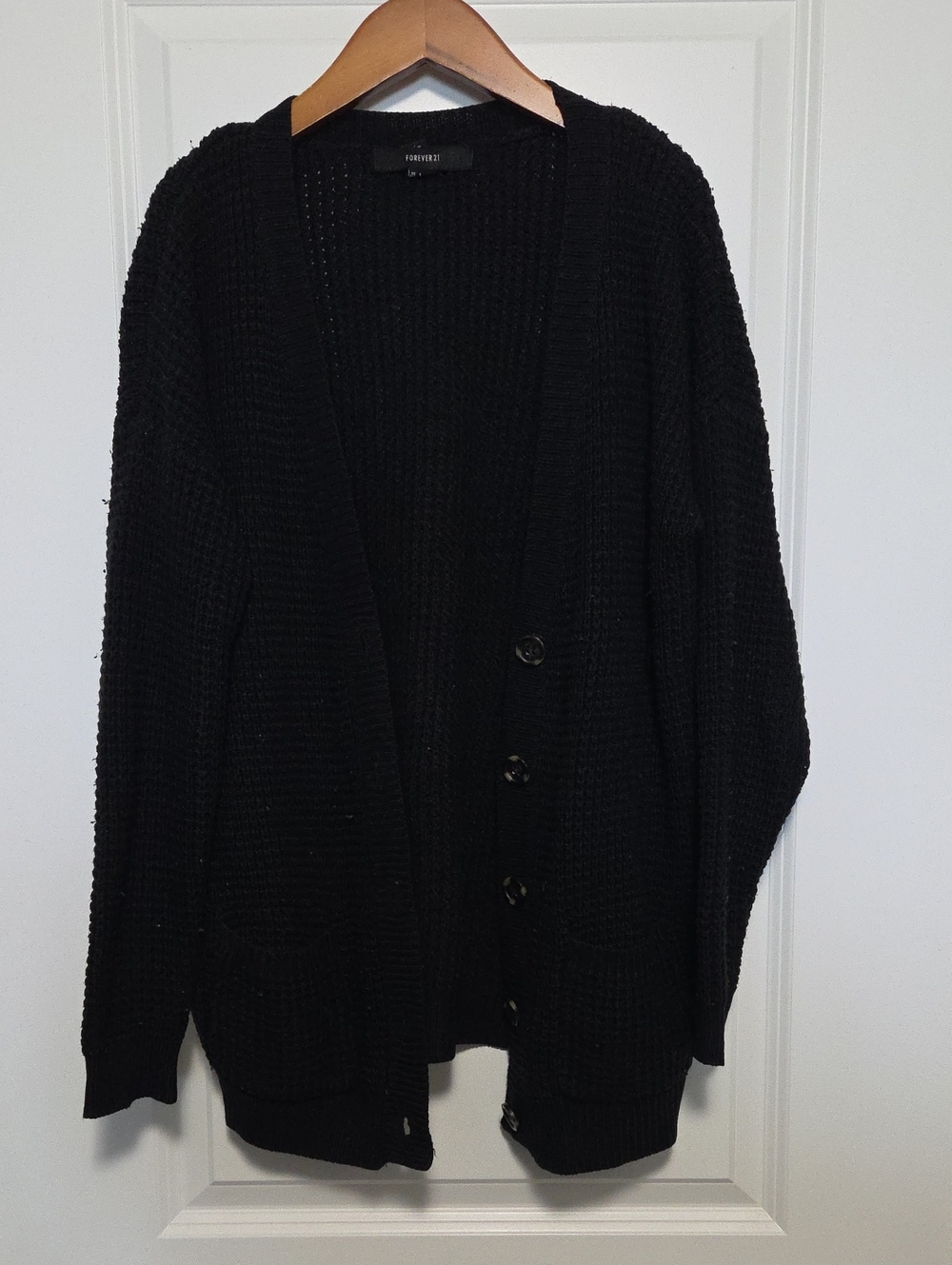 Forever 21 Black Waffle Knit Button Cardigan